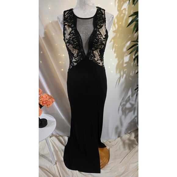 Vtg Trixxi Y2K Womens Lace Sequin Bodycon Slit Gown Dress Sz 3 Black Whimsigoth - Picture 1 of 16